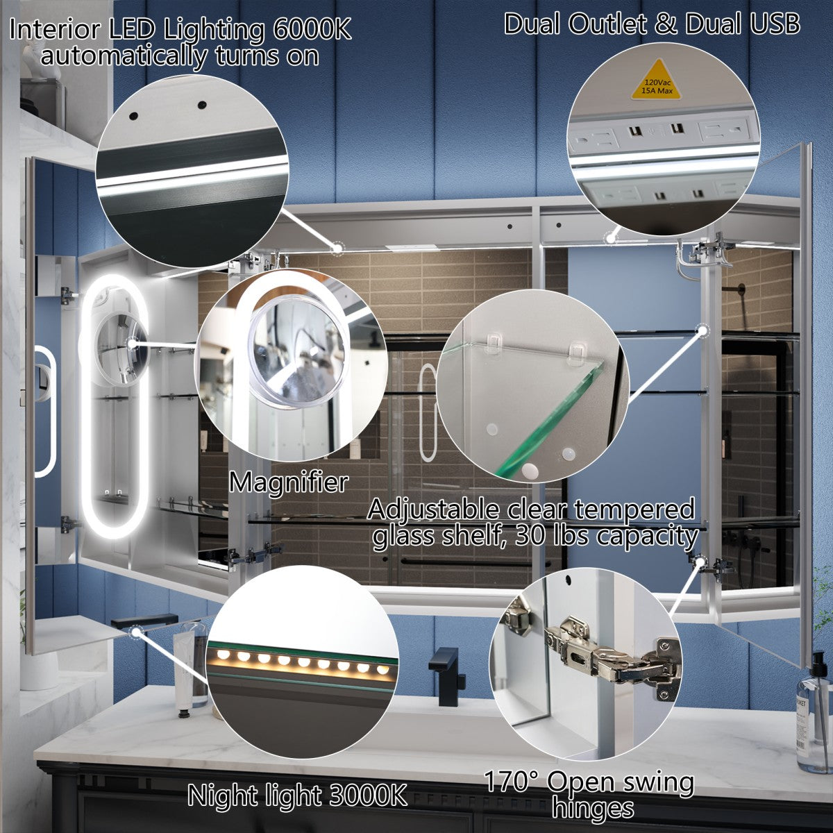 Illusion-B 42" x 36" LED Lighted Inset Mirrored Medicine Cabinet with Magnifiers Front and Back Light