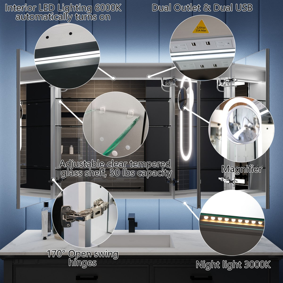 Illusion-B 54" x 36" LED Lighted Inset Mirrored Medicine Cabinet with Magnifiers Front and Back Light