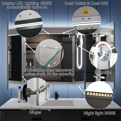 Illusion-B 54" x 36" LED Lighted Inset Mirrored Medicine Cabinet with Magnifiers Front and Back Light