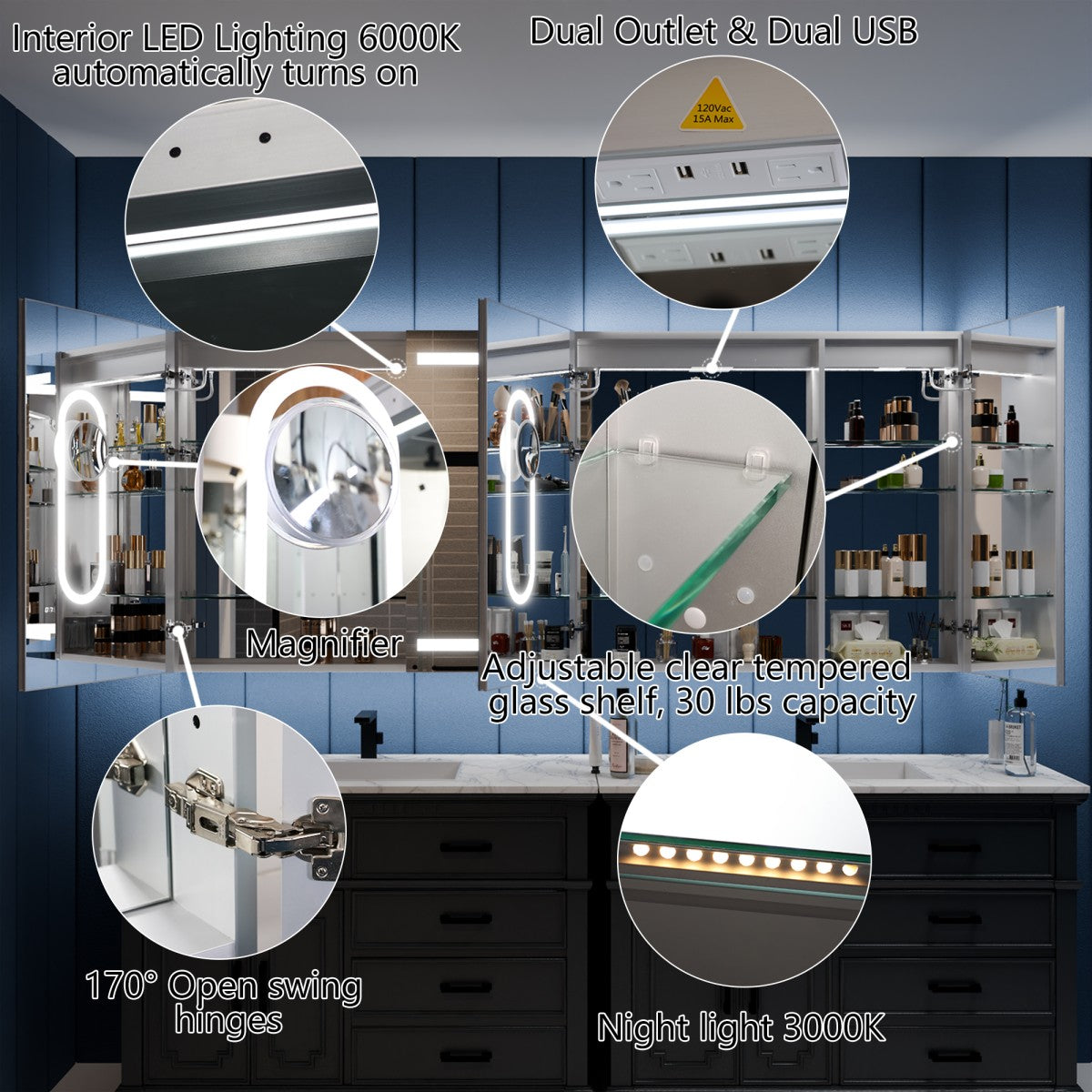 Illusion-B 84" x 36" LED Lighted Inset Mirrored Medicine Cabinet with Magnifiers Front and Back Light