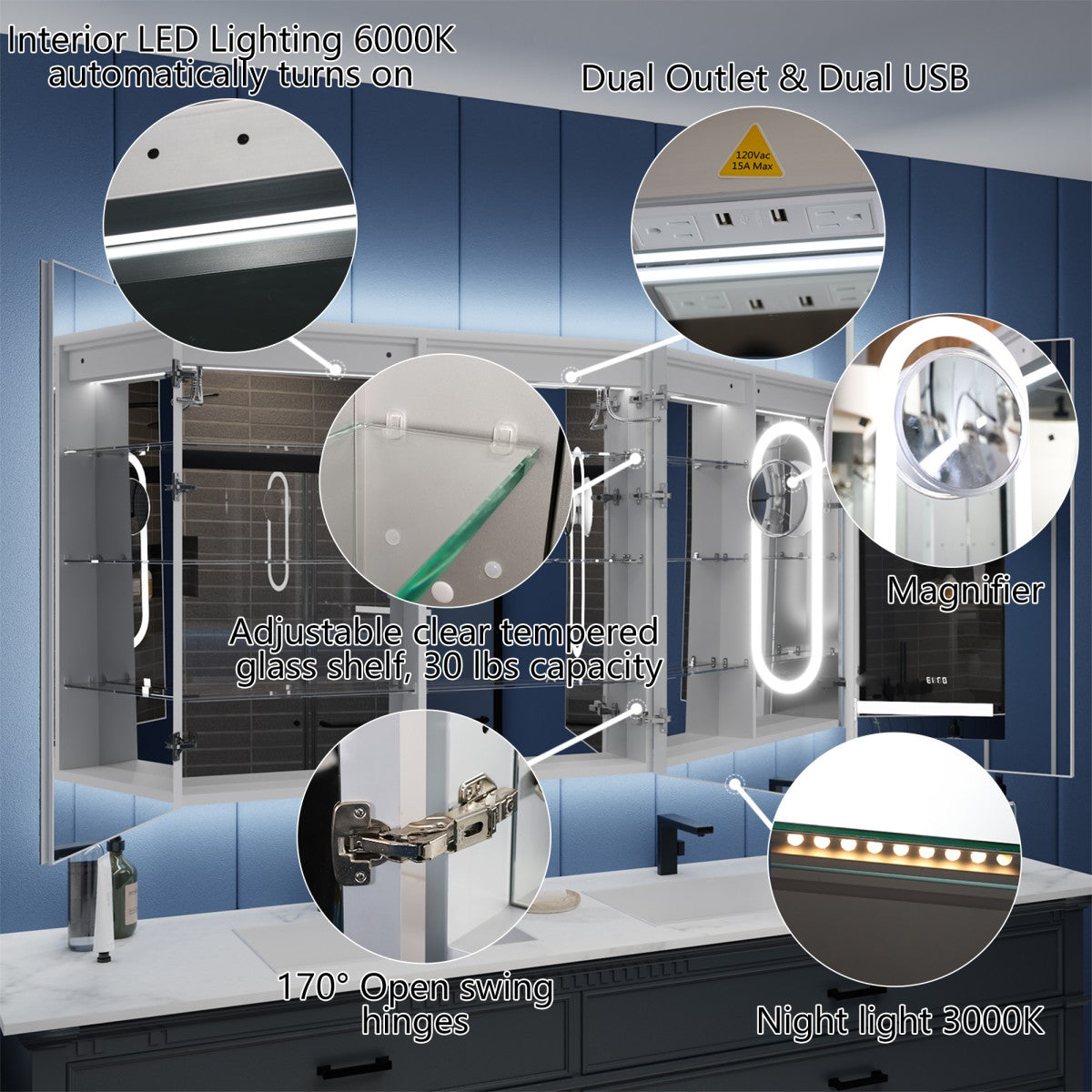 Illusion-B 66" x 36" LED Lighted Inset Mirrored Medicine Cabinet with Magnifiers Front and Back Light