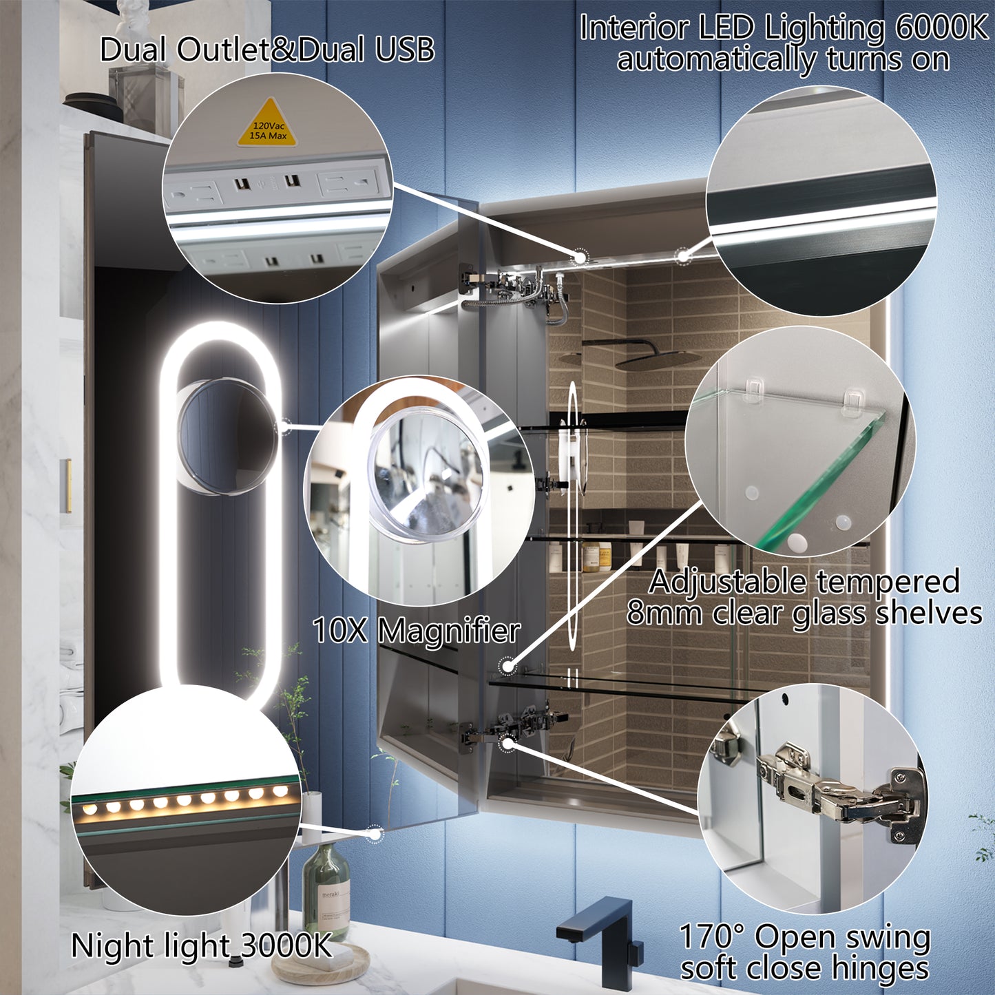 Illusion-B 24" x 36" LED Lighted Inset Mirrored Medicine Cabinet with Magnifiers Front and Back Light