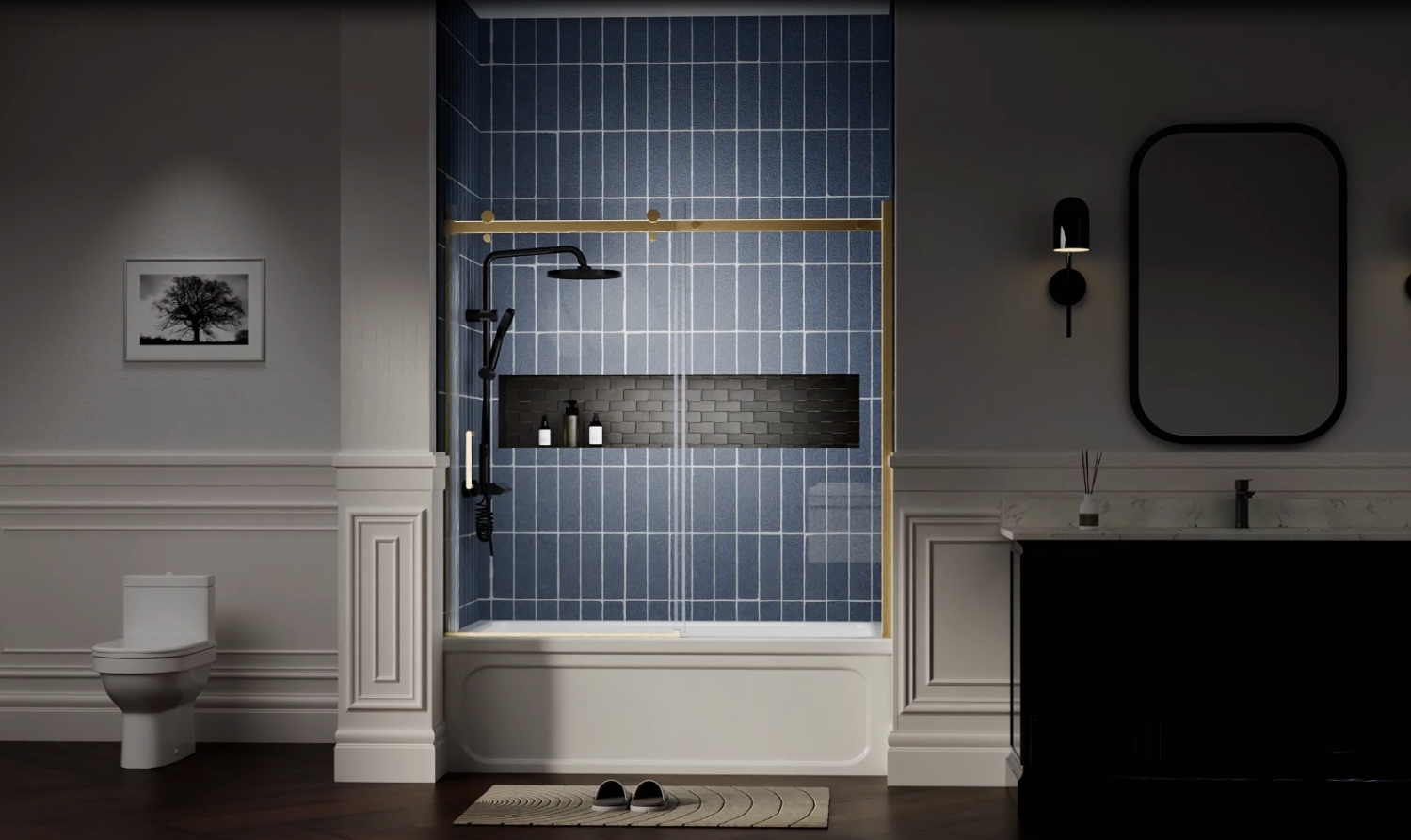 Load video: Flexi Frameless Shower Door in Matte Black,Tempered Glass with Seal Strip Parts and Handle,6mm Glass Shower Door