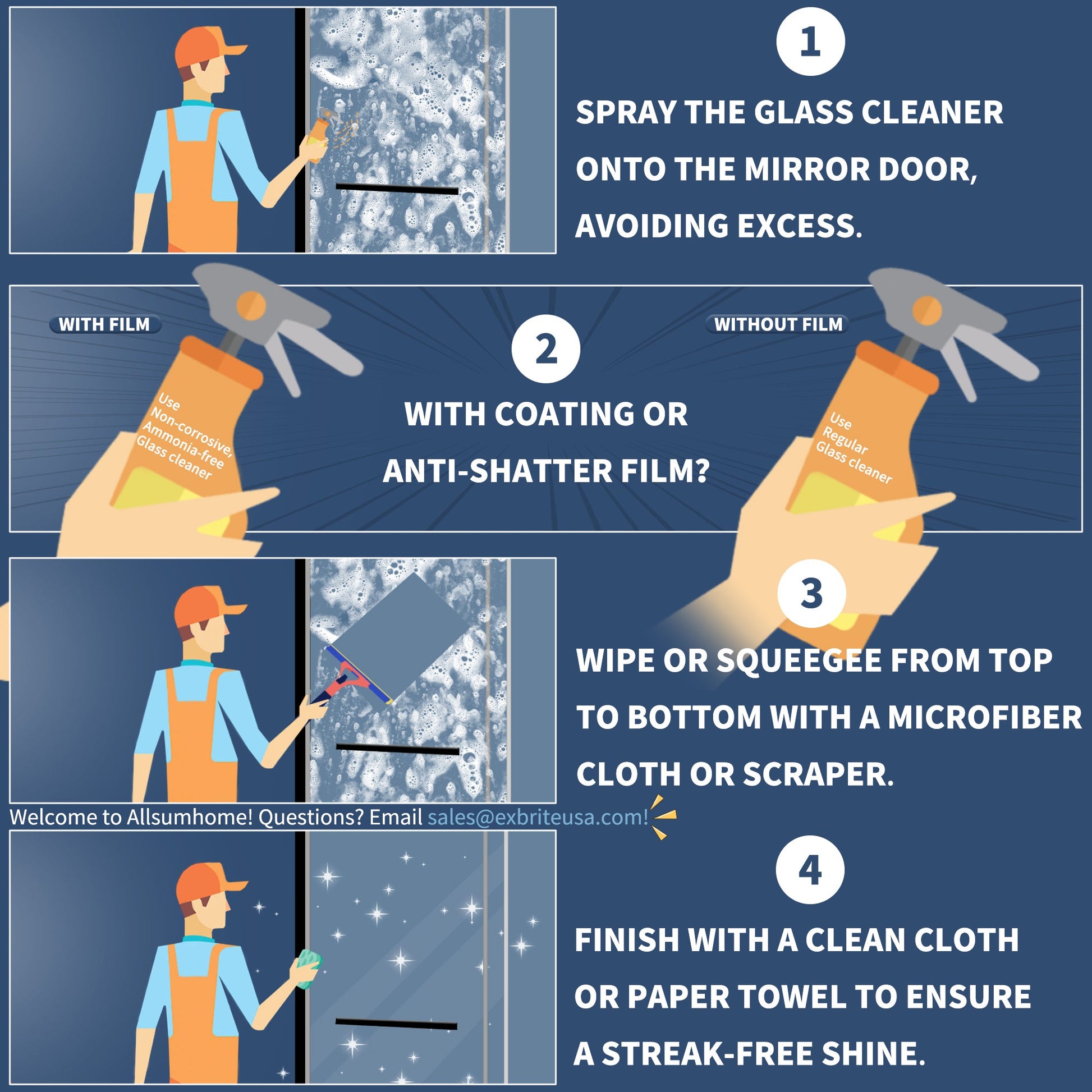 Instructions for cleaning sliding glass shower doors using glass cleaner, coating options, and wiping techniques for a streak-free shine.