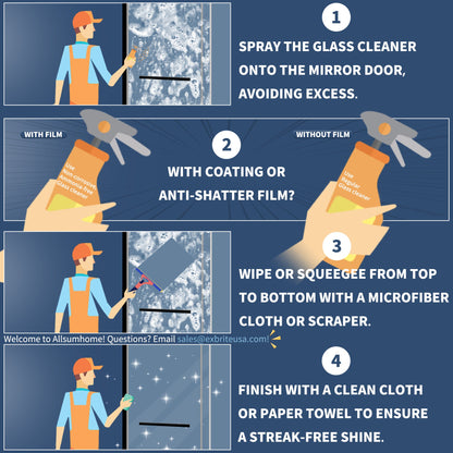Instructions for cleaning sliding glass shower doors using glass cleaner, coating options, and wiping techniques for a streak-free shine.