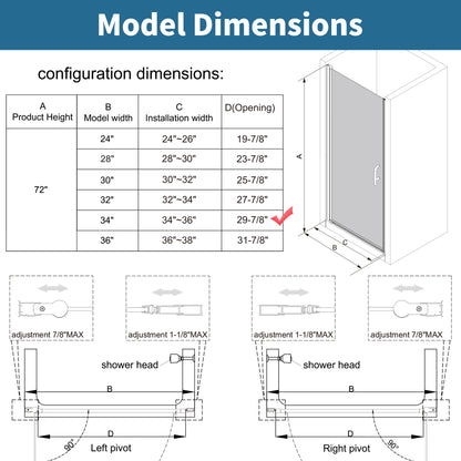 Classy 34-36" W x 72" H Hinged Pivot Semi-Frameless Shower Door Brushed Nickel Install Glass Shower Door