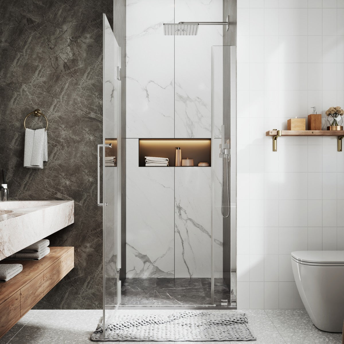 35-36" x 74" Chrome Frameless Hinged Shower Door, Easy Clean | ExBrite Valor-N Series