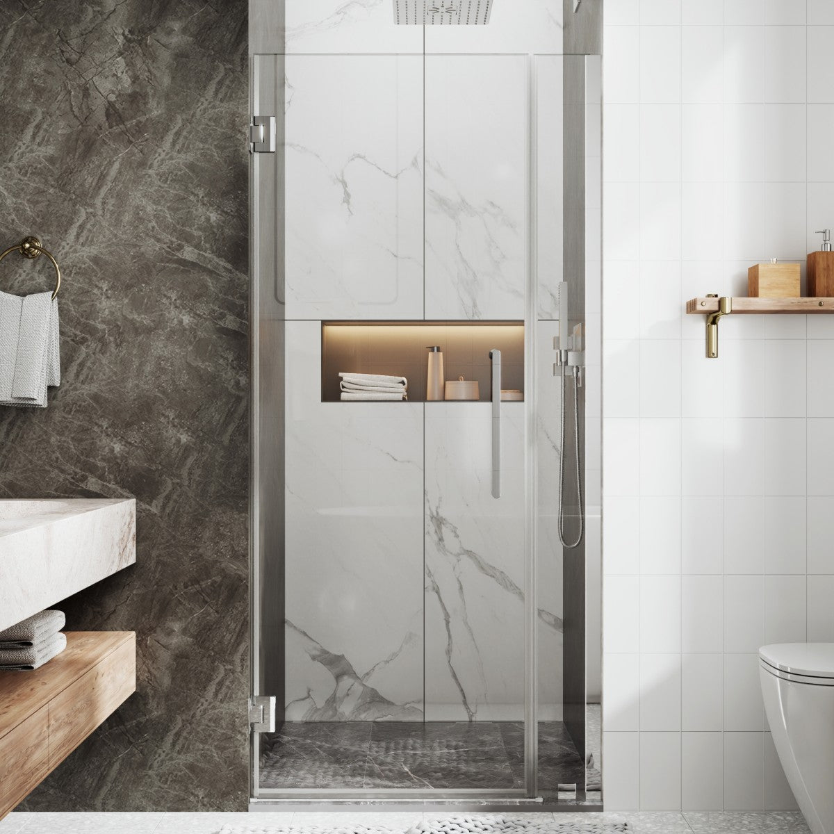 35-36" x 74" Chrome Frameless Hinged Shower Door, Easy Clean | ExBrite Valor-N Series