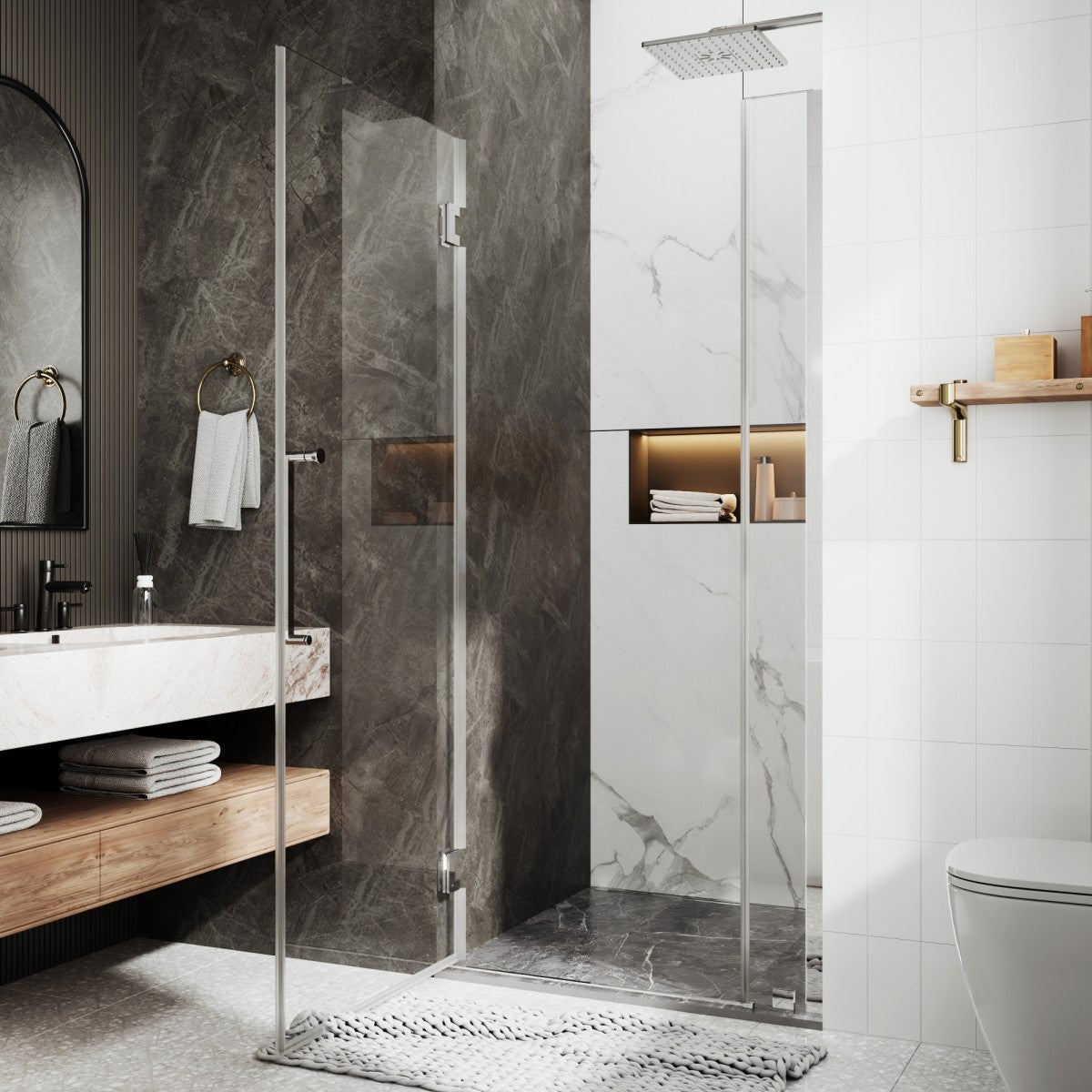 35-36" x 74" Chrome Frameless Hinged Shower Door, Easy Clean | ExBrite Valor-N Series