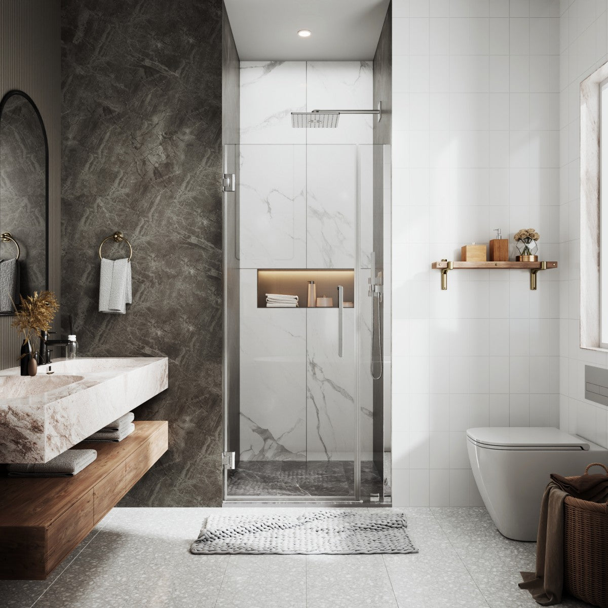 35-36" x 74" Chrome Frameless Hinged Shower Door, Easy Clean | ExBrite Valor-N Series