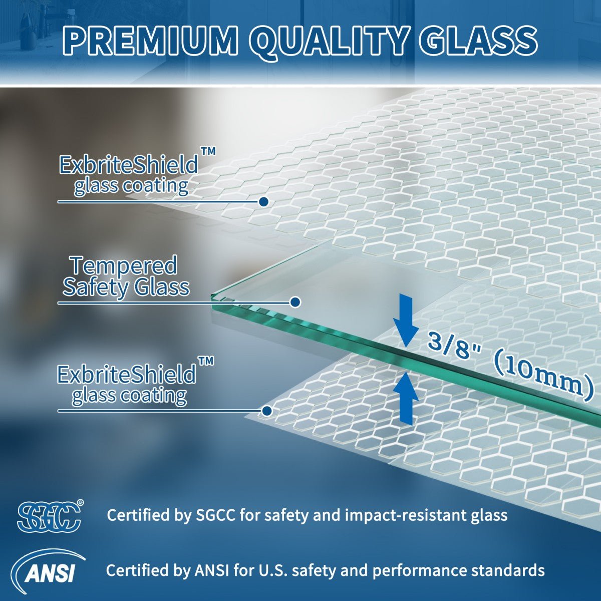 35-36" x 74" Chrome Frameless Hinged Shower Door, Easy Clean | ExBrite Valor-N Series