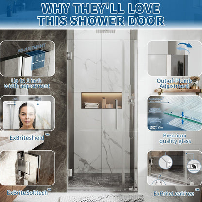 35-36" x 74" Chrome Frameless Hinged Shower Door, Easy Clean | ExBrite Valor-N Series