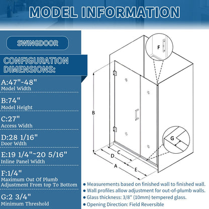 35-36" x 74" Chrome Frameless Hinged Shower Door, Easy Clean | ExBrite Valor-N Series