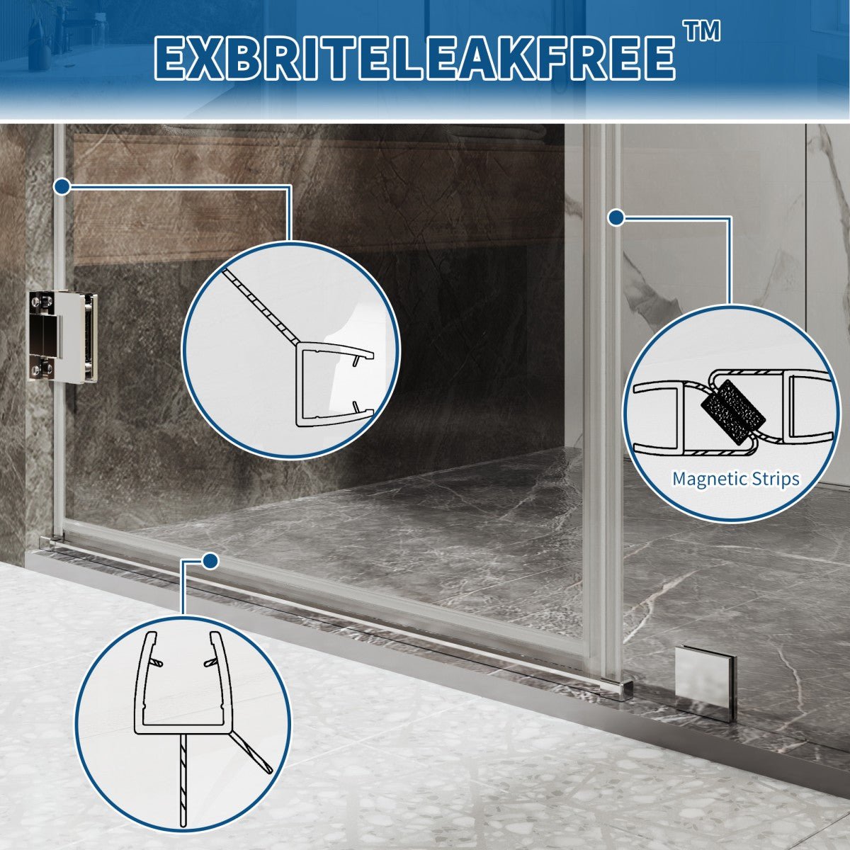 35-36" x 74" Chrome Frameless Hinged Shower Door, Easy Clean | ExBrite Valor-N Series