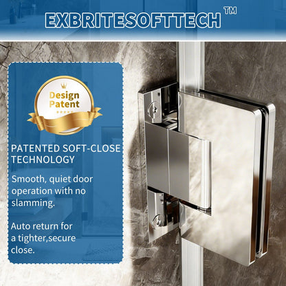 Metallic door hinge with Exbritesofttech branding and patent information on a blue background.