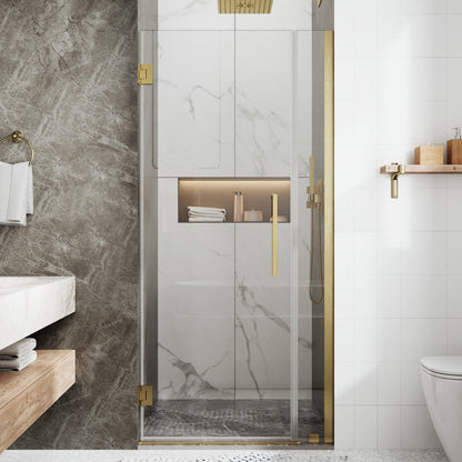 35-36" x 74" Gold Pivot Shower Door, Frameless Brushed Gold Finish, Easy Clean | ExBrite Valor-N Series