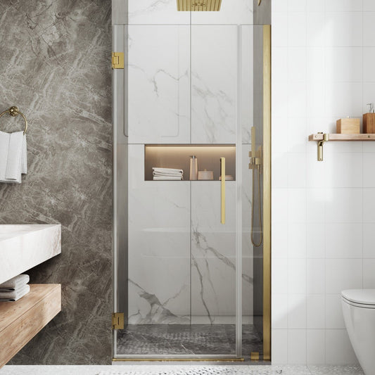35-36" x 74" Gold Pivot Shower Door, Frameless Brushed Gold Finish, Easy Clean | ExBrite Valor-N Series