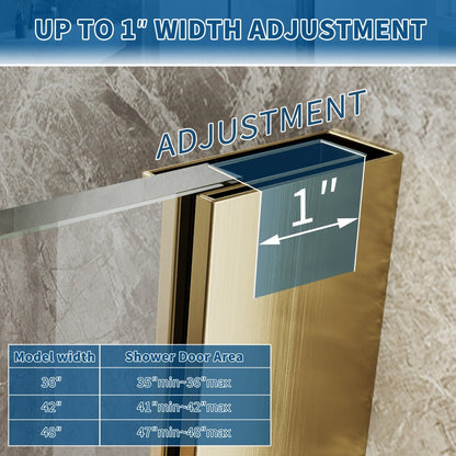 35-36" x 74" Gold Pivot Shower Door, Frameless Brushed Gold Finish, Easy Clean | ExBrite Valor-N Series