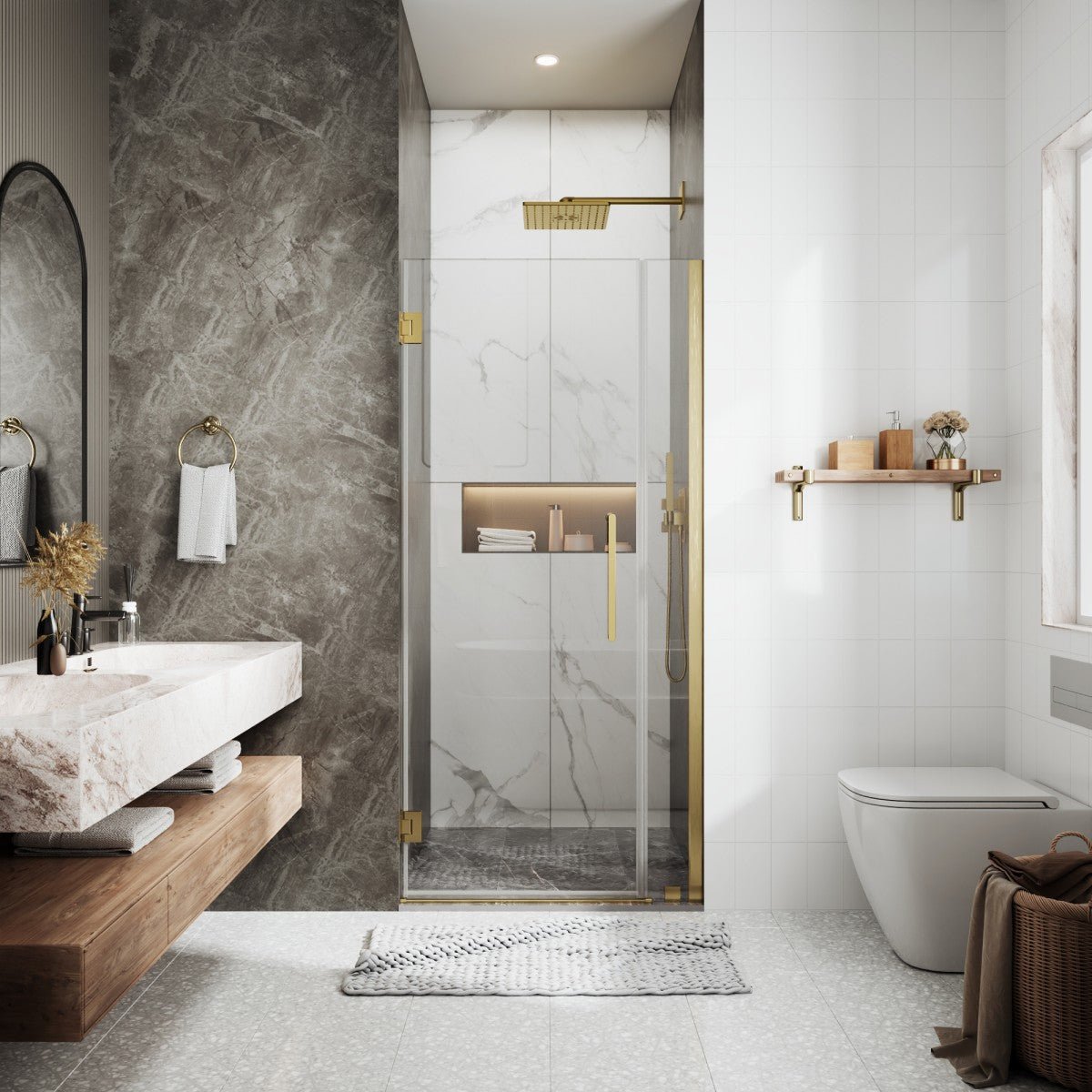 35-36" x 74" Gold Pivot Shower Door, Frameless Brushed Gold Finish, Easy Clean | ExBrite Valor-N Series