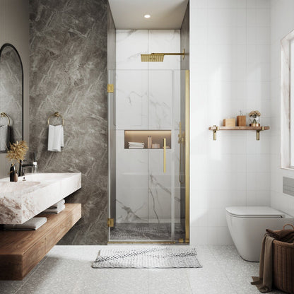35-36" x 74" Gold Pivot Shower Door, Frameless Brushed Gold Finish, Easy Clean | ExBrite Valor-N Series