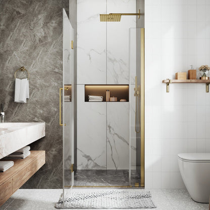 35-36" x 74" Gold Pivot Shower Door, Frameless Brushed Gold Finish, Easy Clean | ExBrite Valor-N Series
