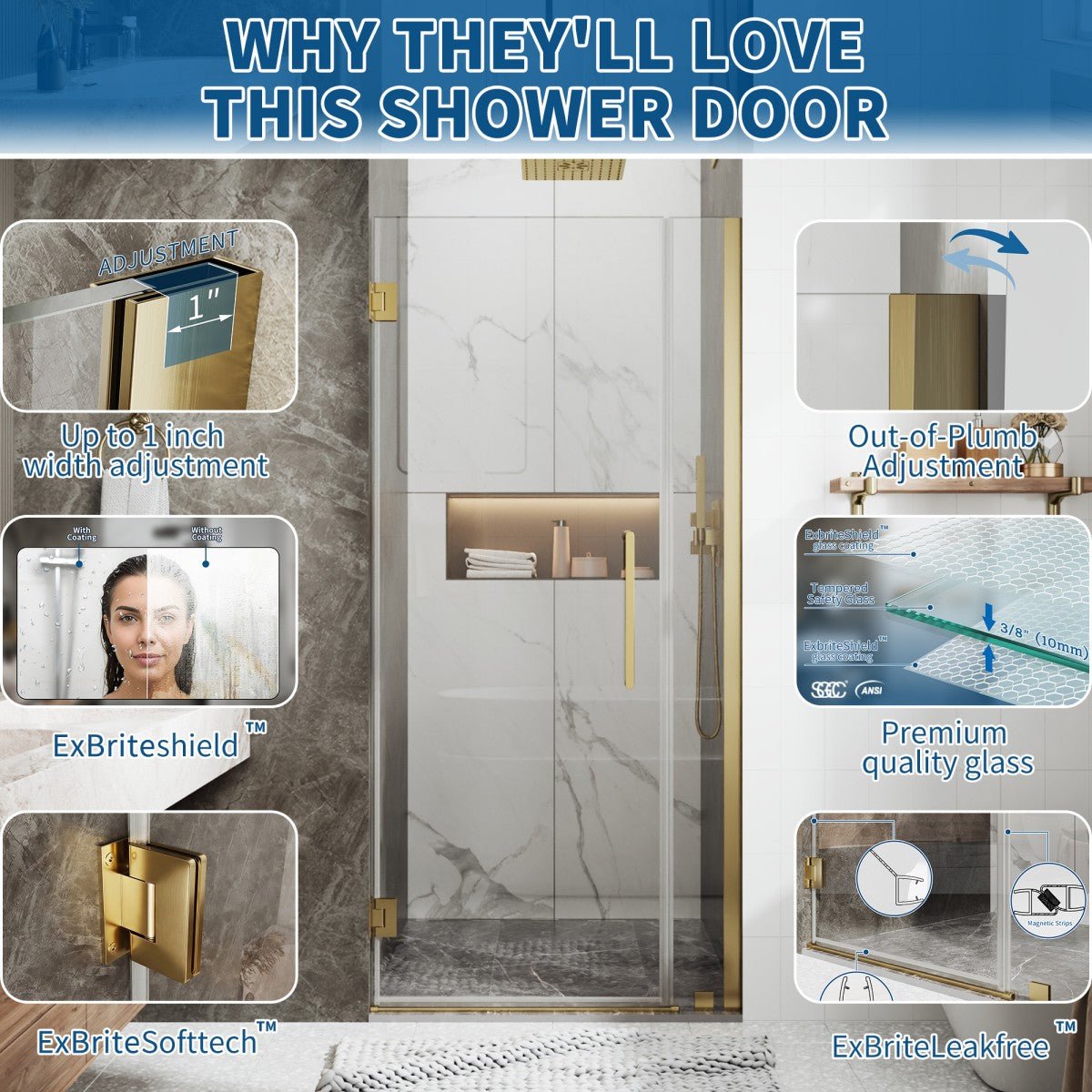 35-36" x 74" Gold Pivot Shower Door, Frameless Brushed Gold Finish, Easy Clean | ExBrite Valor-N Series
