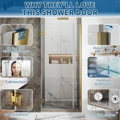 35-36" x 74" Gold Pivot Shower Door, Frameless Brushed Gold Finish, Easy Clean | ExBrite Valor-N Series