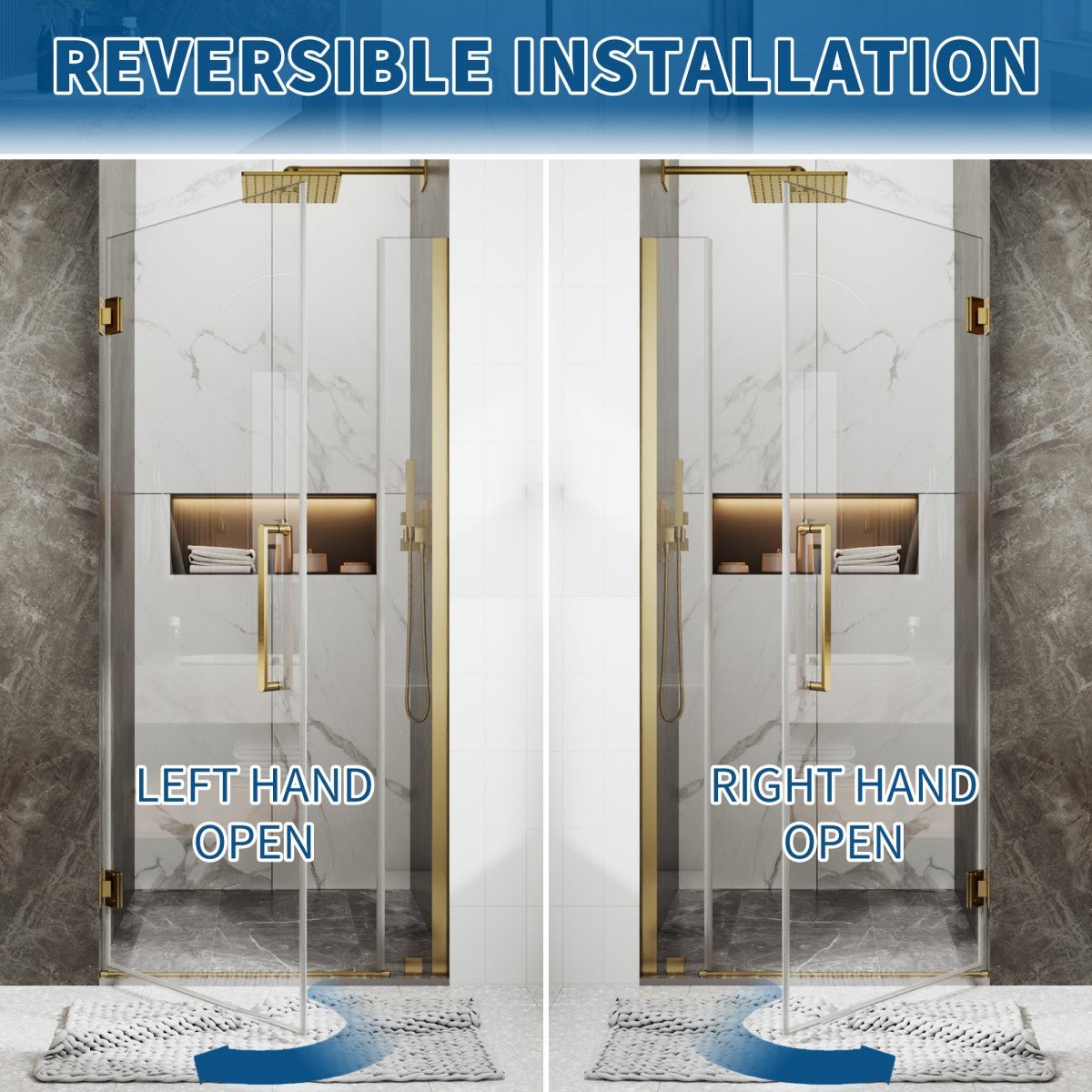 35-36" x 74" Gold Pivot Shower Door, Frameless Brushed Gold Finish, Easy Clean | ExBrite Valor-N Series