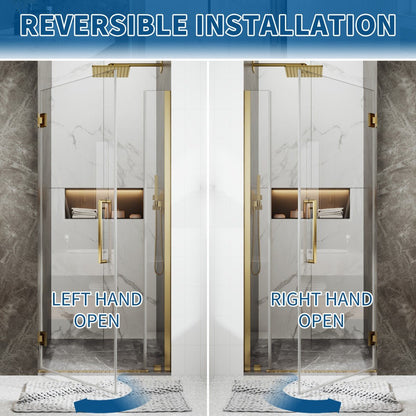 35-36" x 74" Gold Pivot Shower Door, Frameless Brushed Gold Finish, Easy Clean | ExBrite Valor-N Series