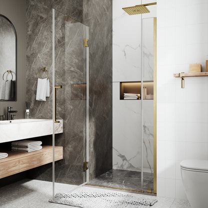 35-36" x 74" Gold Pivot Shower Door, Frameless Brushed Gold Finish, Easy Clean | ExBrite Valor-N Series