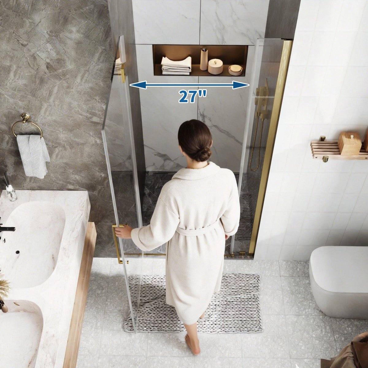35-36" x 74" Gold Pivot Shower Door, Frameless Brushed Gold Finish, Easy Clean | ExBrite Valor-N Series
