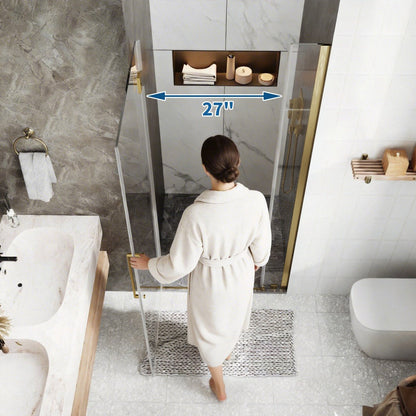 35-36" x 74" Gold Pivot Shower Door, Frameless Brushed Gold Finish, Easy Clean | ExBrite Valor-N Series