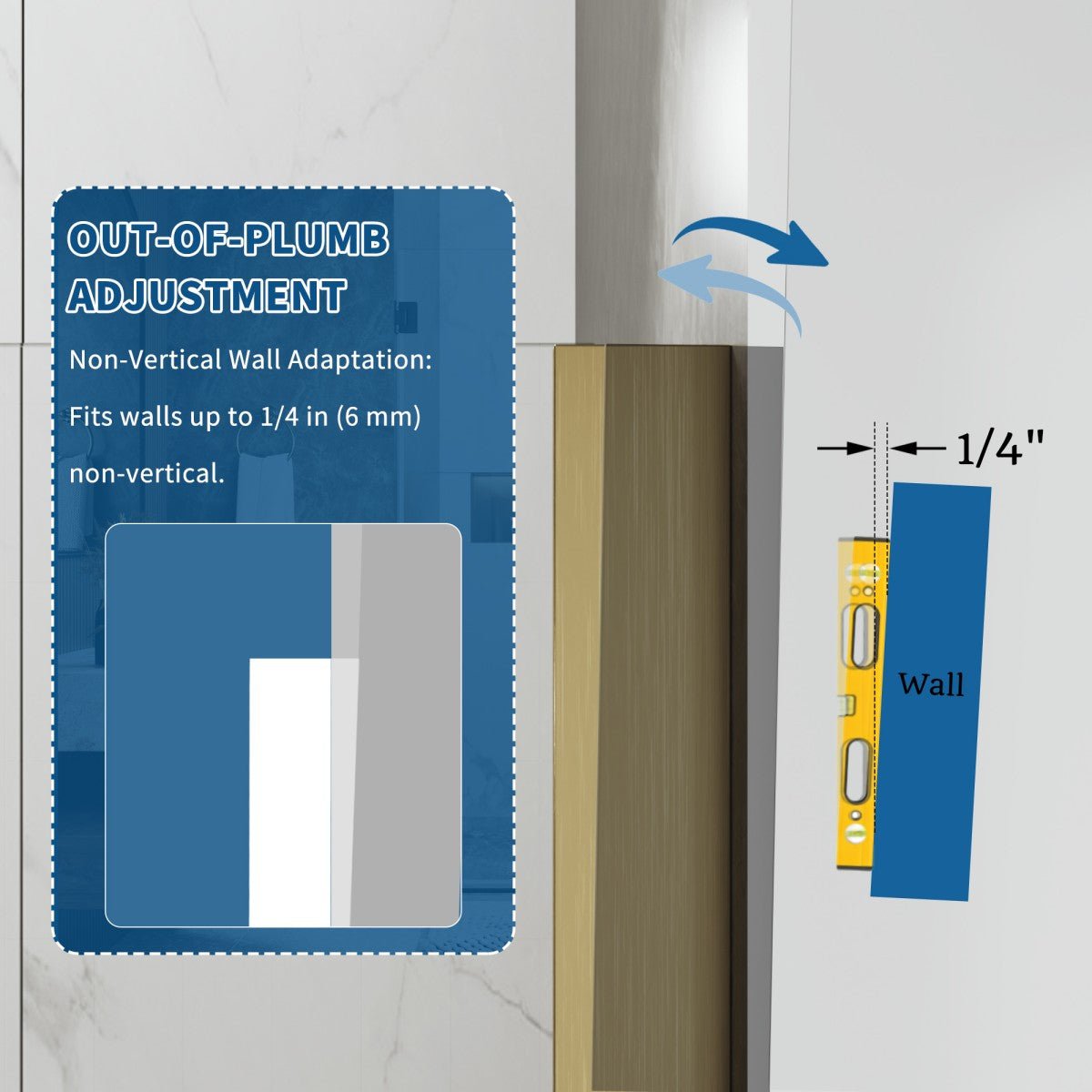 35-36" x 74" Gold Pivot Shower Door, Frameless Brushed Gold Finish, Easy Clean | ExBrite Valor-N Series