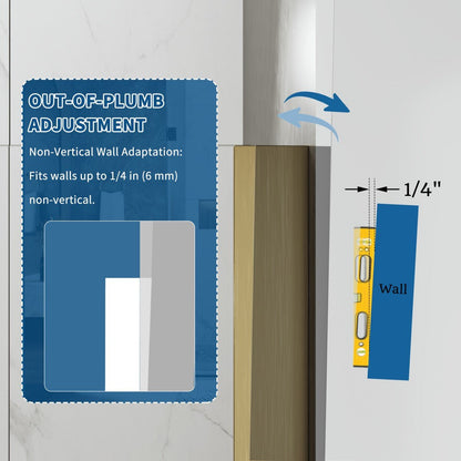 35-36" x 74" Gold Pivot Shower Door, Frameless Brushed Gold Finish, Easy Clean | ExBrite Valor-N Series