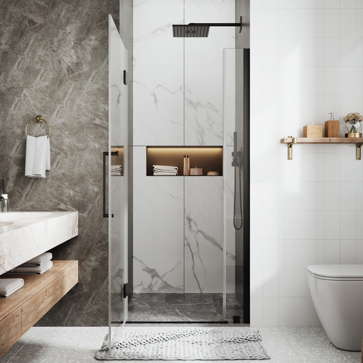 35-36" x 74" Matte Black Pivot Frameless Hinged Shower Door, Easy Clean | ExBrite Valor-N Series