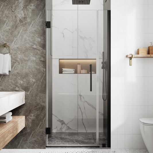 35-36" x 74" Matte Black Pivot Frameless Hinged Shower Door, Easy Clean | ExBrite Valor-N Series