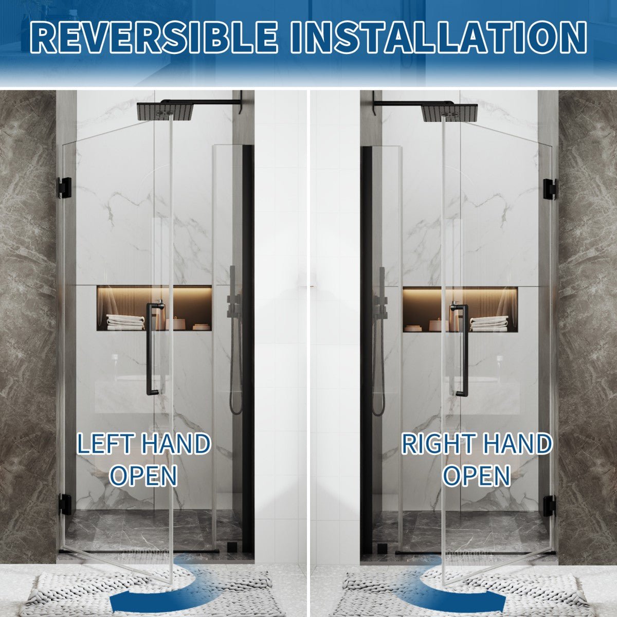 35-36" x 74" Matte Black Pivot Frameless Hinged Shower Door, Easy Clean | ExBrite Valor-N Series