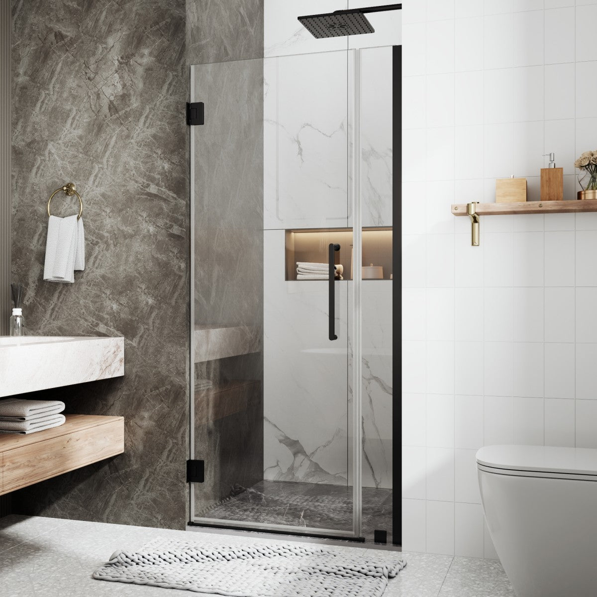 35-36" x 74" Matte Black Pivot Frameless Hinged Shower Door, Easy Clean | ExBrite Valor-N Series