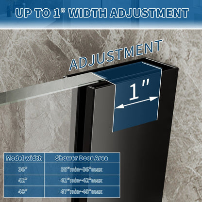 35-36" x 74" Matte Black Pivot Frameless Hinged Shower Door, Easy Clean | ExBrite Valor-N Series