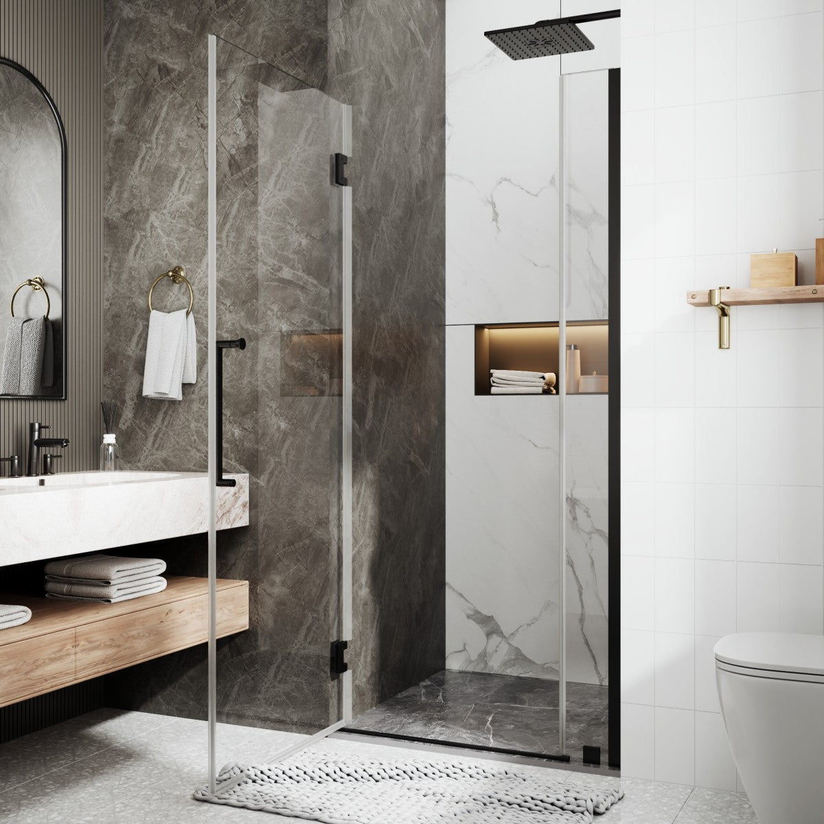 35-36" x 74" Matte Black Pivot Frameless Hinged Shower Door, Easy Clean | ExBrite Valor-N Series