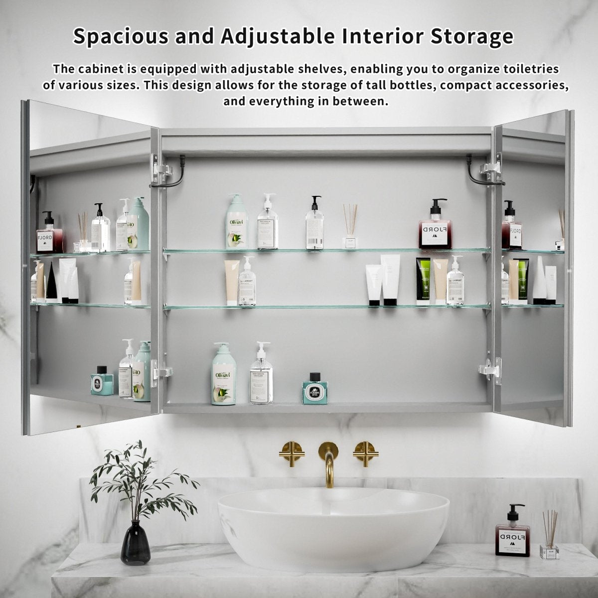 ExBrite 36"W x 30"H LED Medicine Cabinet with Anti-Fog, Stepless Color Temperature and Dimming, Adjustable Shelves, Aluminum Frame, Recessed or Surface Mount - ExBriteUSA