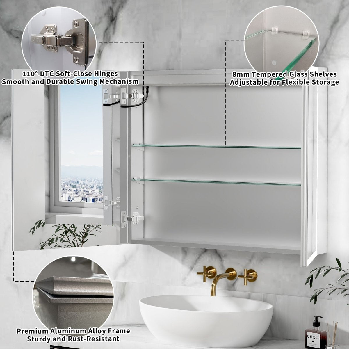 ExBrite 36"W x 30"H LED Medicine Cabinet with Anti-Fog, Stepless Color Temperature and Dimming, Adjustable Shelves, Aluminum Frame, Recessed or Surface Mount - ExBriteUSA