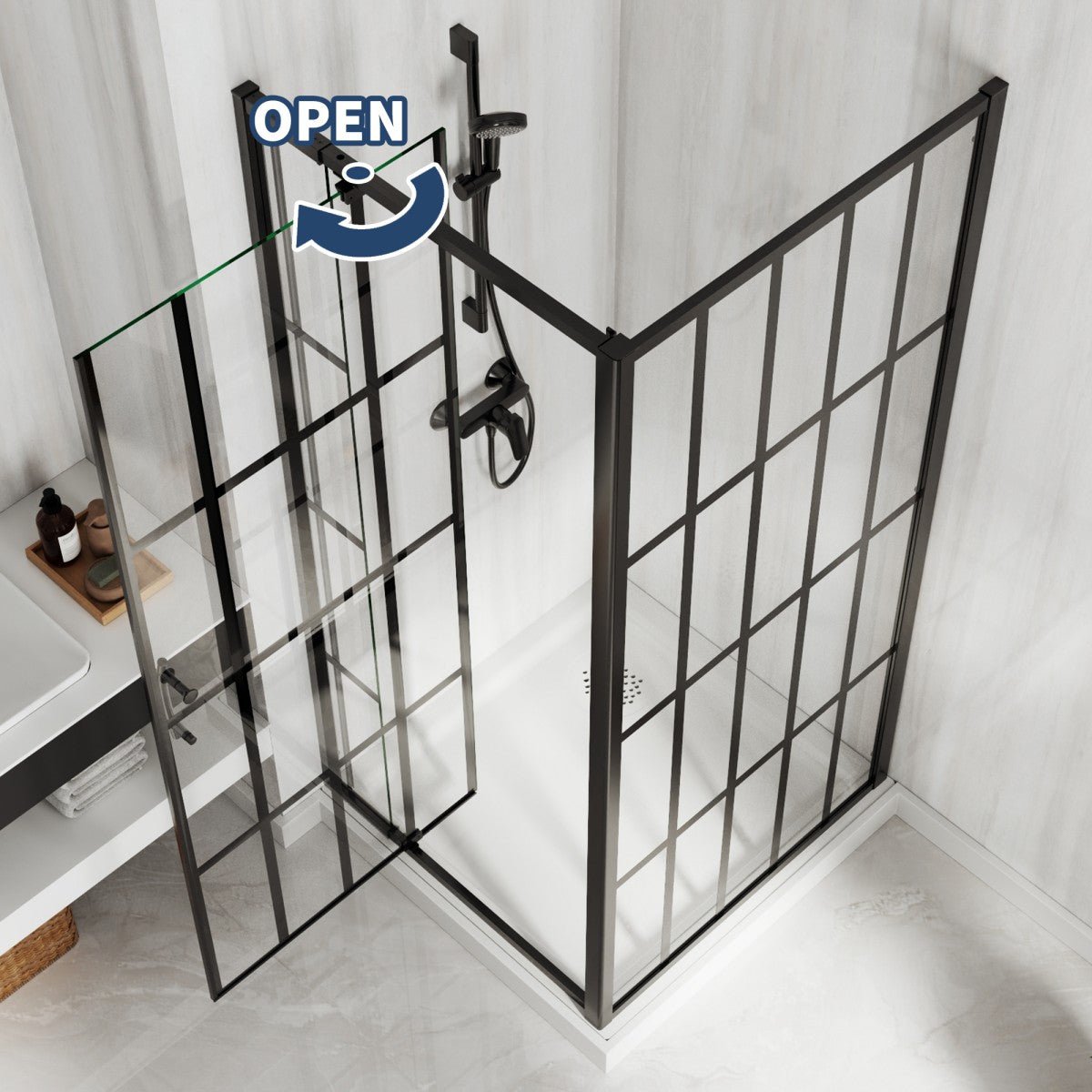 Black framed shower screen with glass panels in a bathroom setting