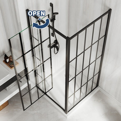 Black framed shower screen with glass panels in a bathroom setting