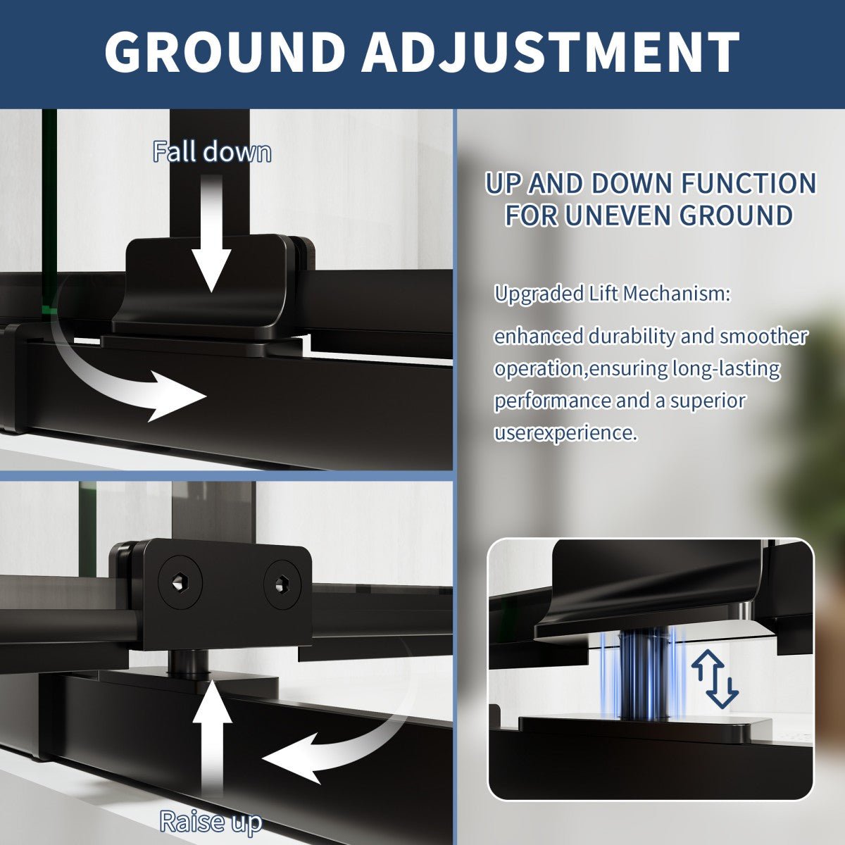 Mechanical ground adjustment system with text explaining its function.
