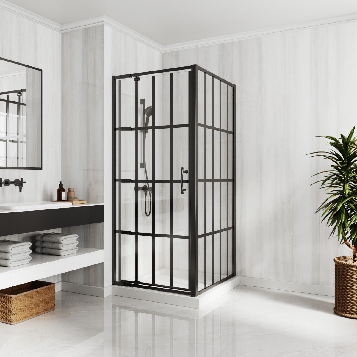 Modern bathroom with a black framed shower enclosure, sink, and plant.