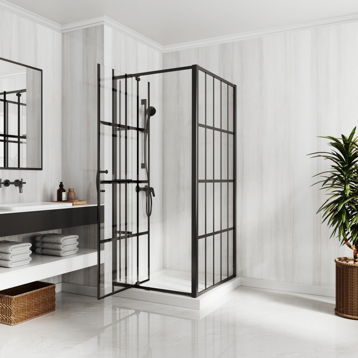 Bathroom with a shower enclosure, sink, and plant