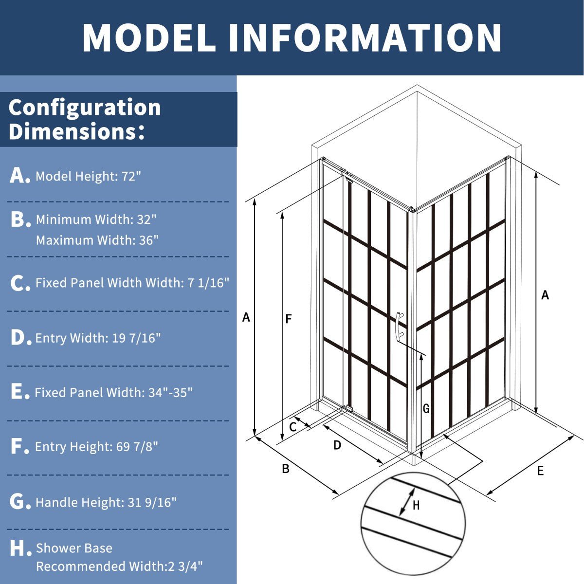 Diagram of a shower enclosure with dimensions on a blue background