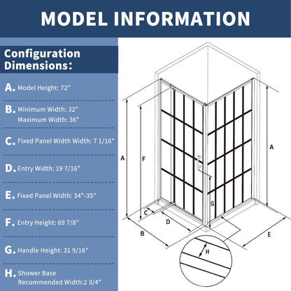 Diagram of a shower enclosure with dimensions on a blue background