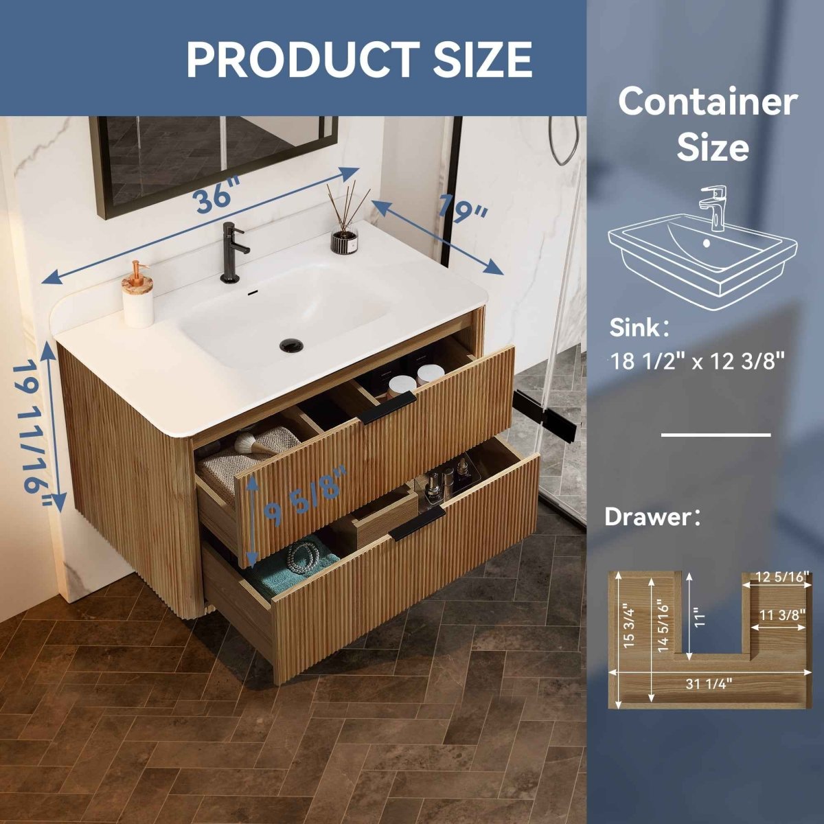 36 inch Floating Bathroom Vanity with Sink, Pre-Assembled, Wall Mounted Plywood Bathroom Storage Cabinet with Safety Rounded,Large Soft-Close Fluted Drawers & Metal Handles